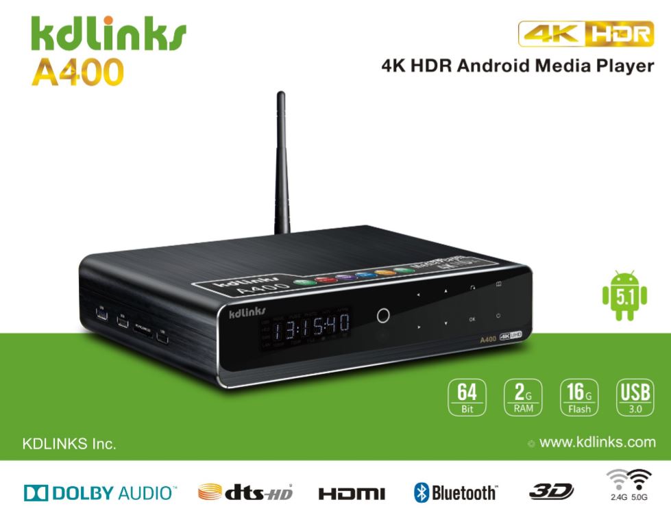 KDLINKS A400 4K ANDROID QUAD CORE 3D SMART H.265 HD TV MEDIA PLAYER WITH HDD BAY, WIFI, DOLBY 7.1, GIGABIT LAN, 2GB RAM, 16GB STORAGE, 4 CORE CPU, 8 CORE GPU - KDLINKS Electronics